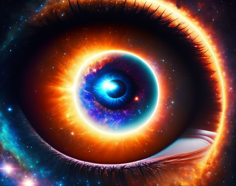 Detailed human eye illustration with cosmic scene reflection