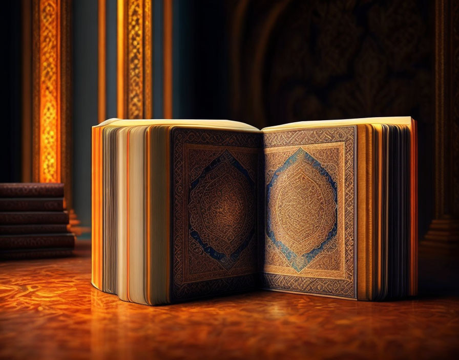 Ornate open book with intricate designs on illuminated page in dark, elegant interior