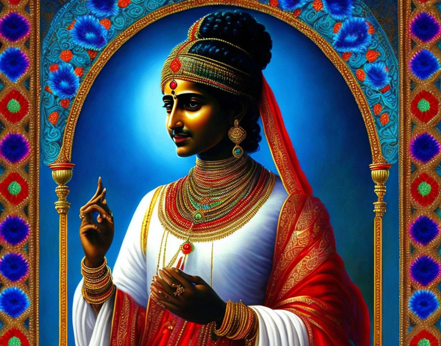 Detailed illustration of figure in royal attire against blue background