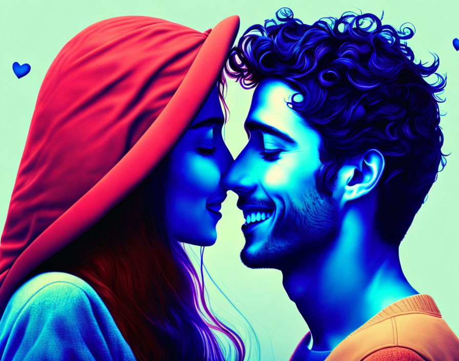 Smiling couple in red hood and orange shirt against blue background