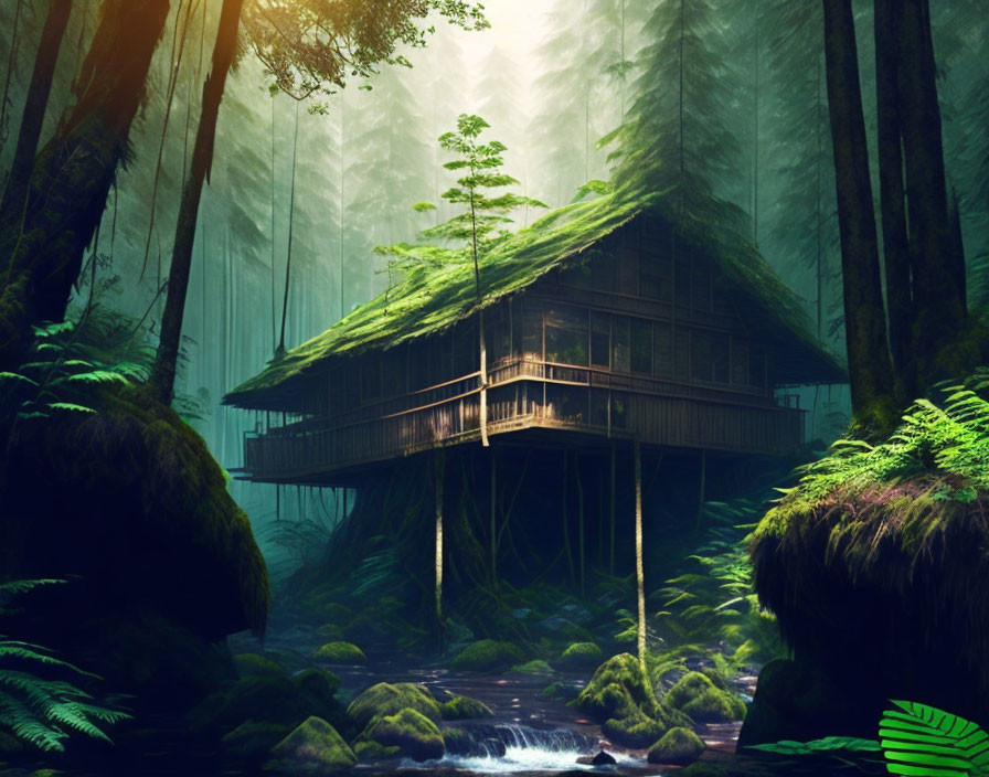 Tranquil forest landscape with mist, stream, and treehouse in soft sunlight