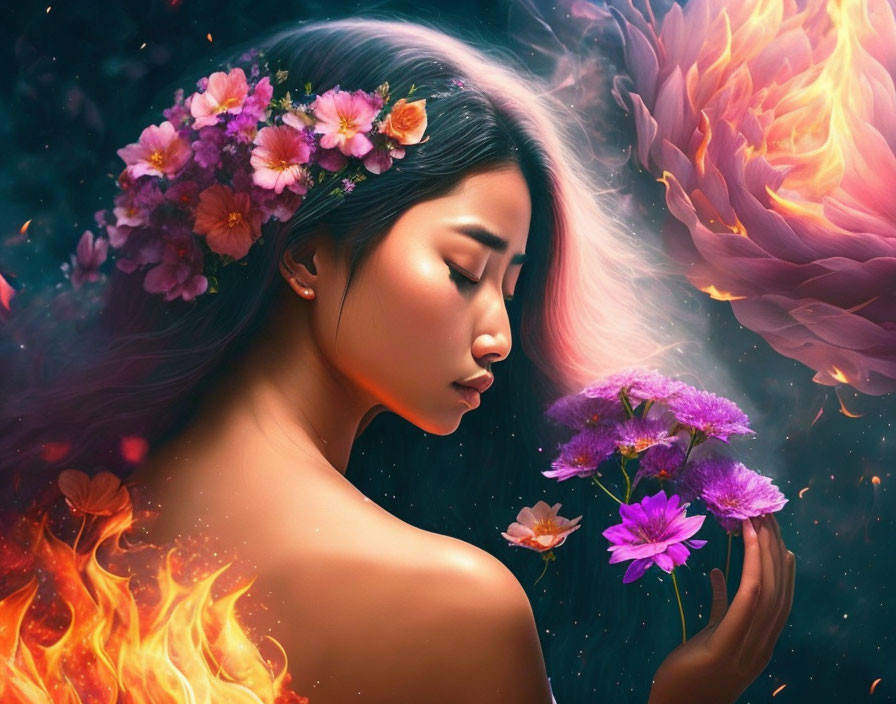 Woman with Floral Hair Decor Holding Purple Flower in Mystical Setting