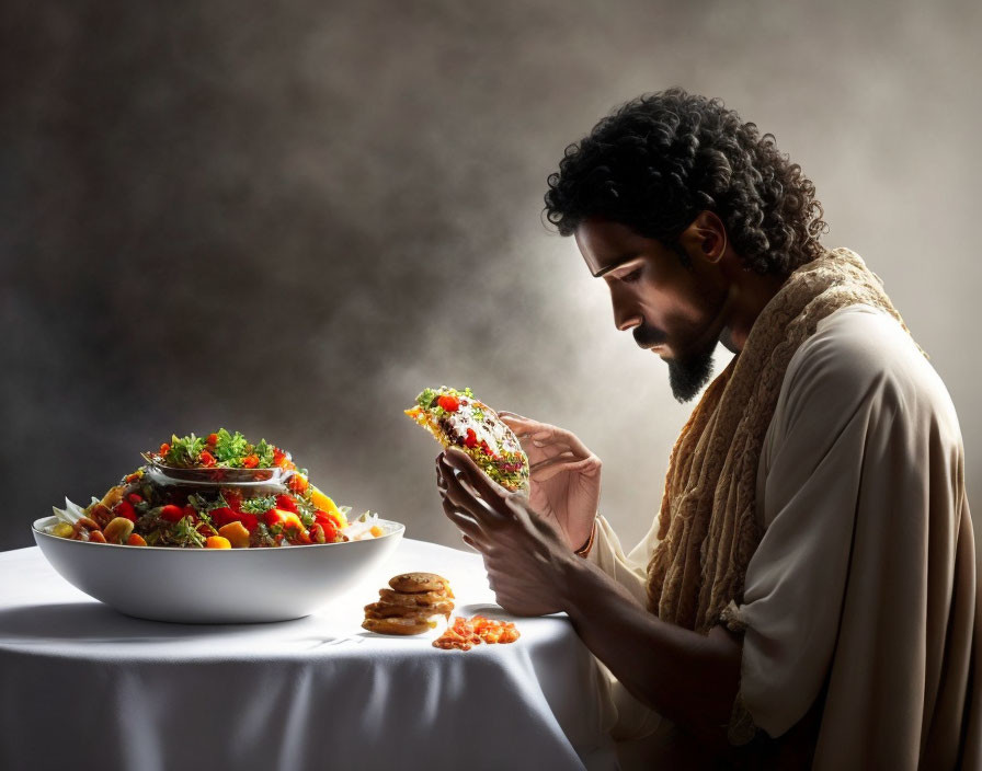 Historically dressed man with taco, salad, and cookies in moody setting