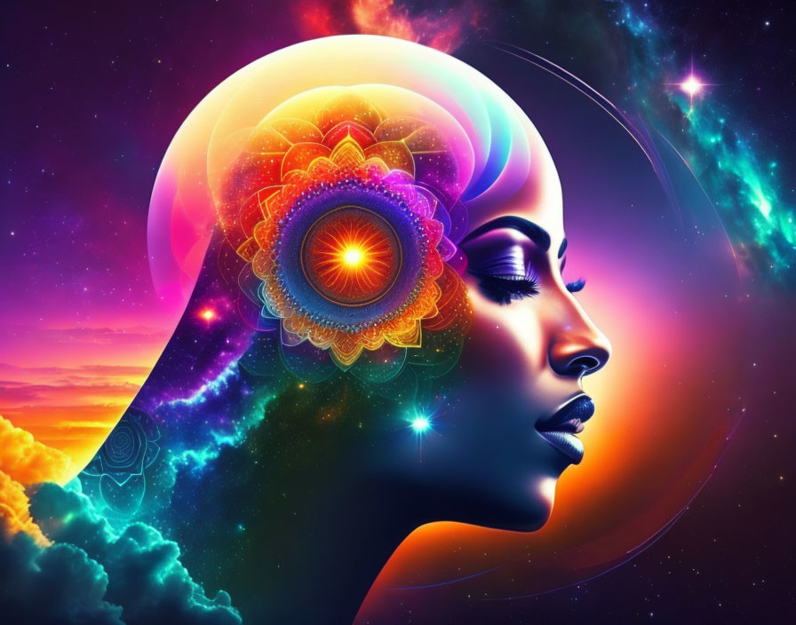 Colorful digital artwork: Woman's profile with cosmic, psychedelic patterns.