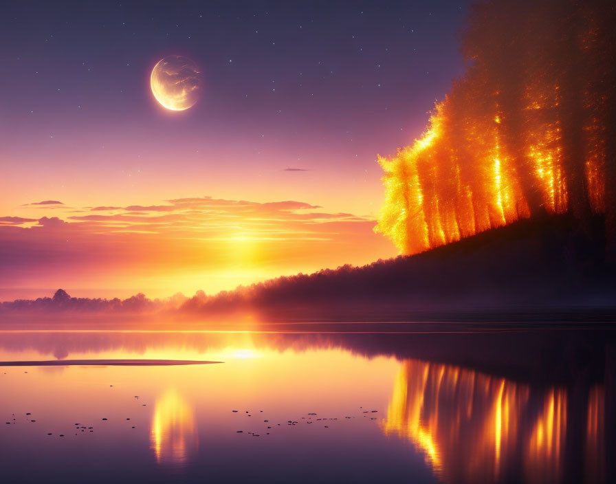 Vibrant sunrise over reflective lake with burning forest and oversized moon