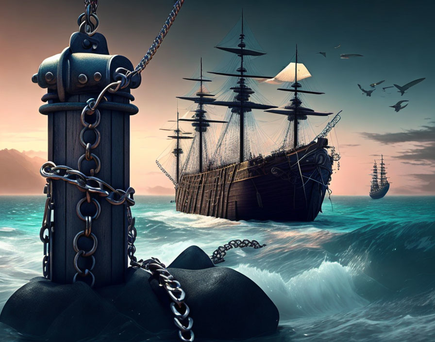 Digital artwork: Tall ships near rocky shores, one bound by chain to ornate bollard under