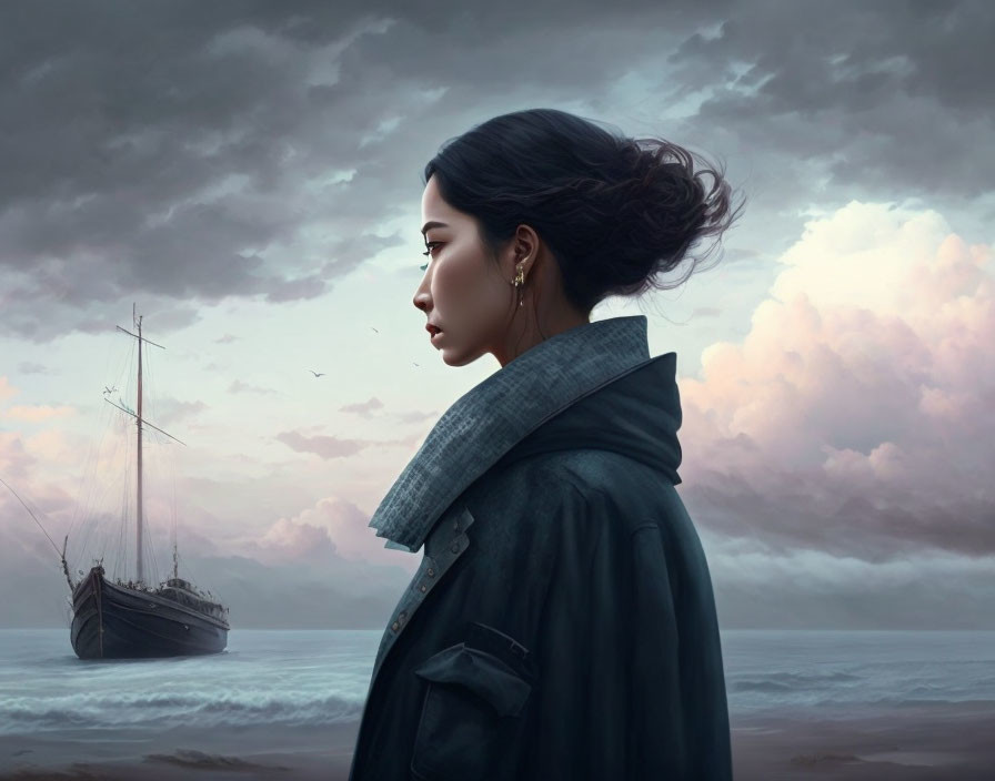 Profile view of a woman gazing at a gloomy sea with a ship under a cloudy sky