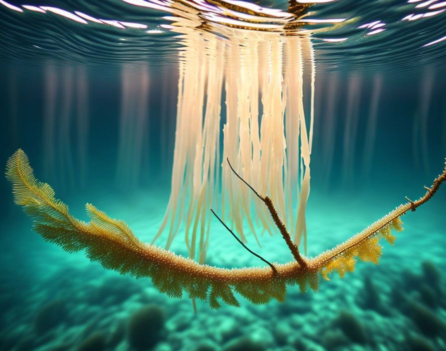 Underwater jellyfish with extended tentacles and sunlight above