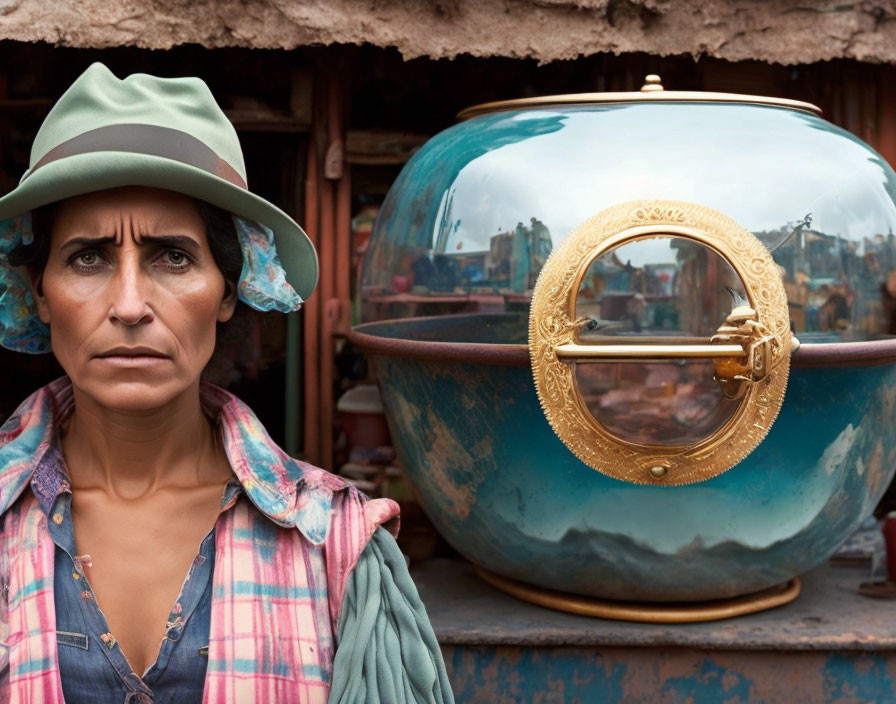 Pensive person in light green hat and plaid shirt near large ornate spherical object