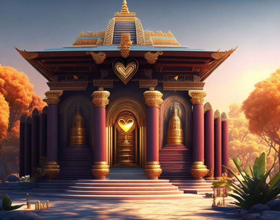 Golden-accented temple with heart motifs in warm sunlight.