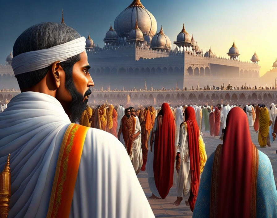 Digital artwork: Man in traditional attire overlooking colorful crowd and grand architecture