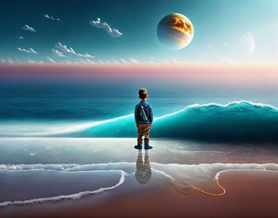 Reflective surface with person, surreal seascape, massive waves, giant planet at sunset