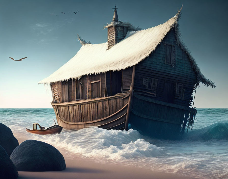 Old Wooden House with Hipped Roof Stranded at Sea Amid Waves