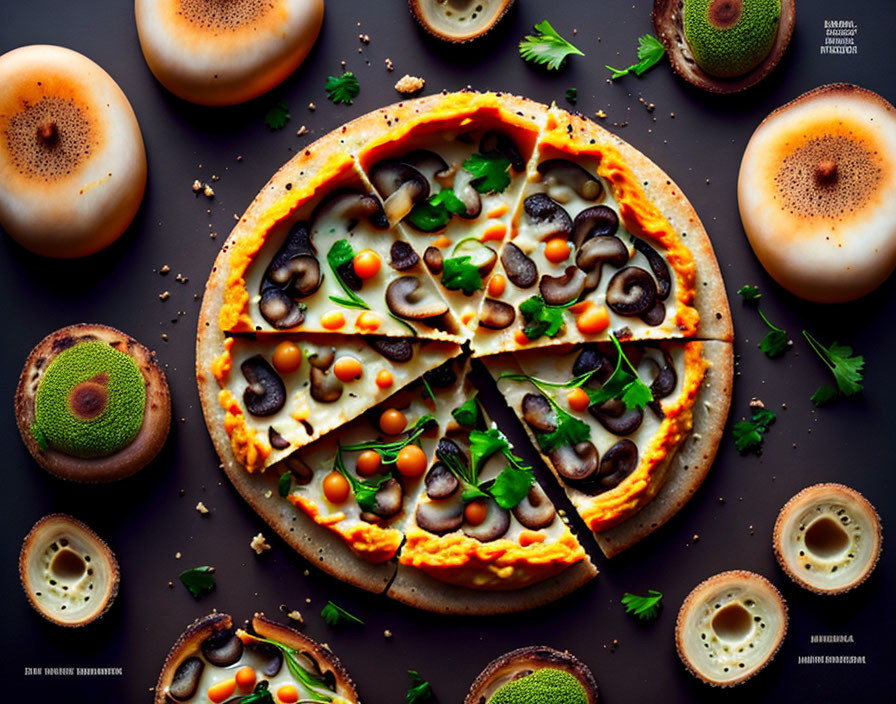 Pizza with Slice Removed, Cheese, Mushrooms, Herbs, Circular Food Items on Dark Background