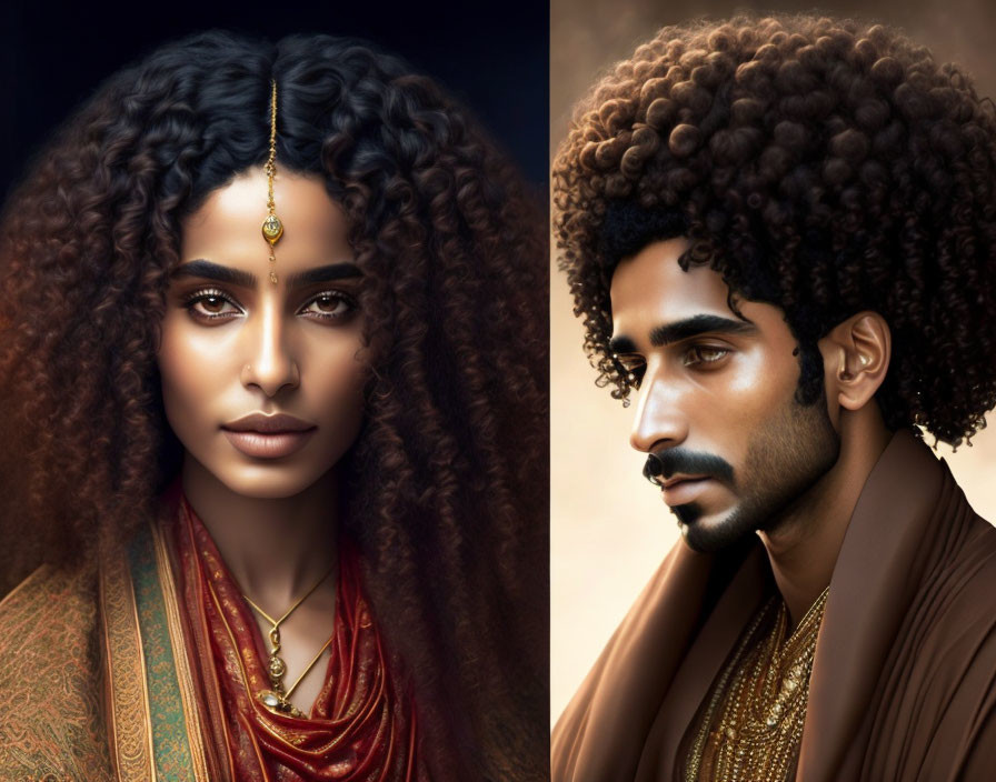 Woman and man portraits with South Asian adornments and curls showcase elegance and cultural richness.