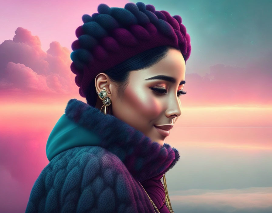 Digital illustration of woman in purple turban and teal coat against pink and blue sky