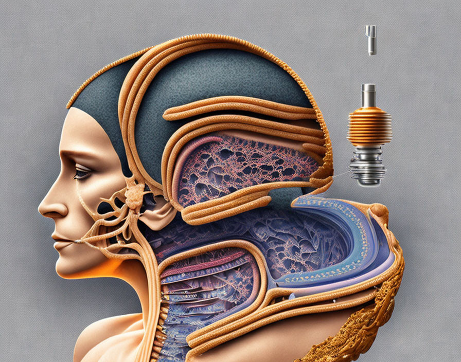 Detailed profile illustration of dissected human head showcasing intricate mechanical and architectural structures on grey background