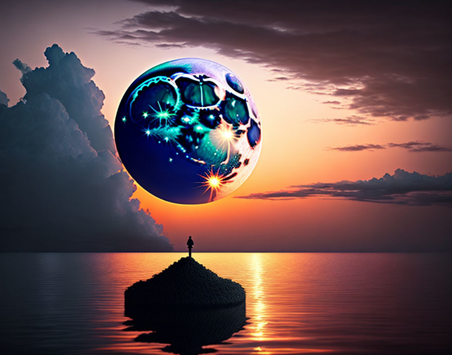 Person on Isolated Rock Observing Surreal Orb in Sunset Sky