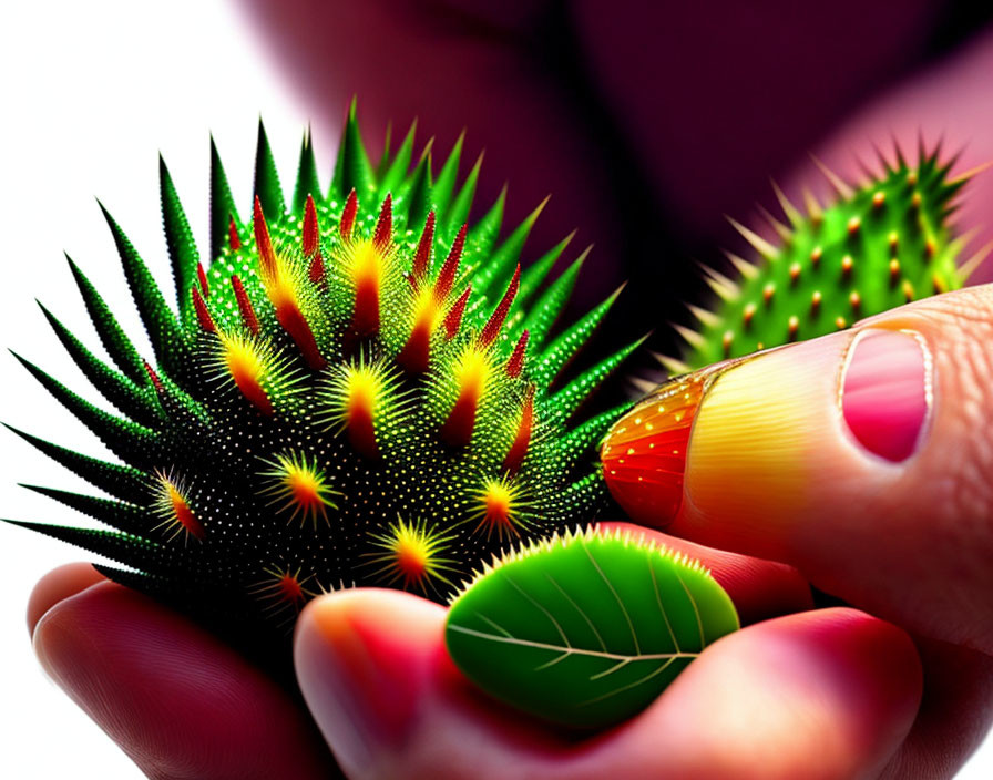 Vibrant digitally enhanced cactus held by a hand