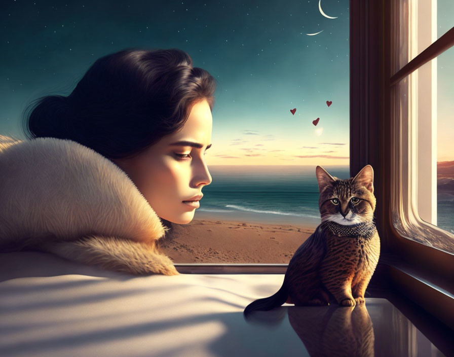 Woman and cat by window: beach sunset view with stars and floating paper hearts