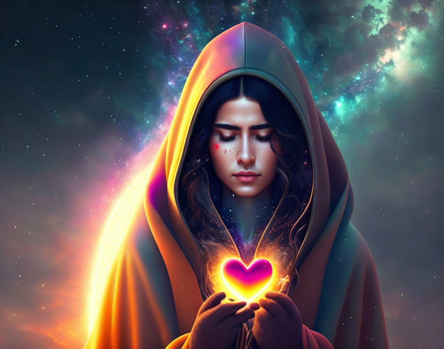 Hooded figure holding glowing heart in cosmic scene