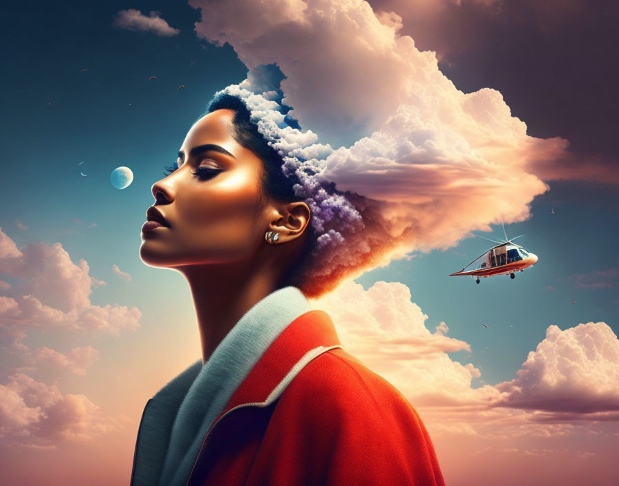 Surreal portrait of woman with clouds and colorful smoke, helicopter in twilight sky