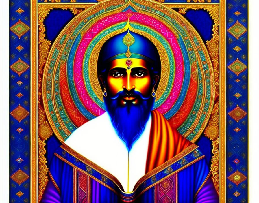 Colorful illustration of a bearded figure in a turban with a book, set against ornate