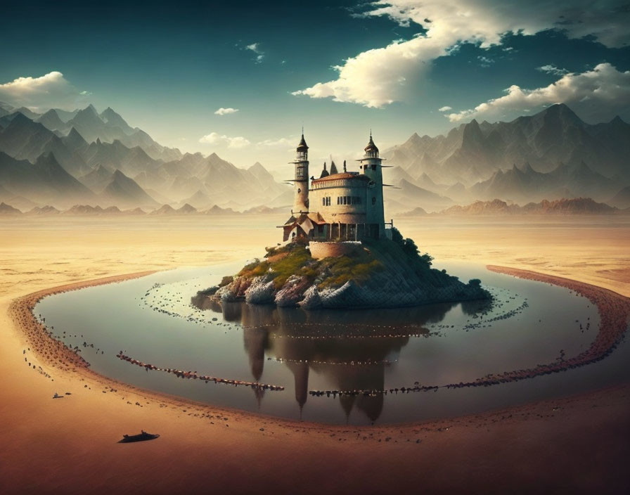 Castle on Small Island Surrounded by Water, Mountains, Boat, Surreal Sky