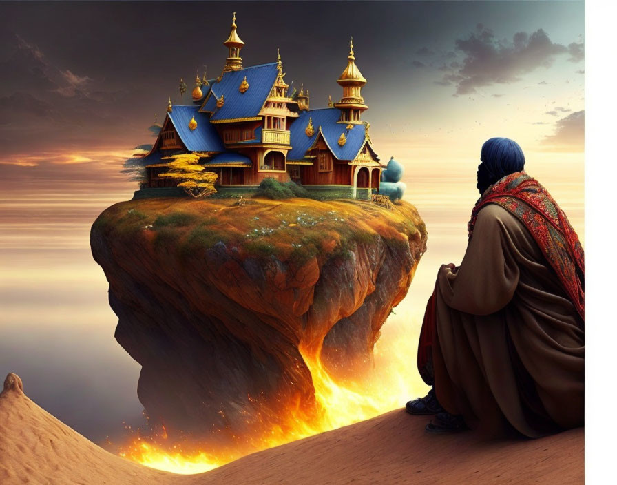 Cloaked figure gazes at floating island with fiery base and ornate castle at sunset