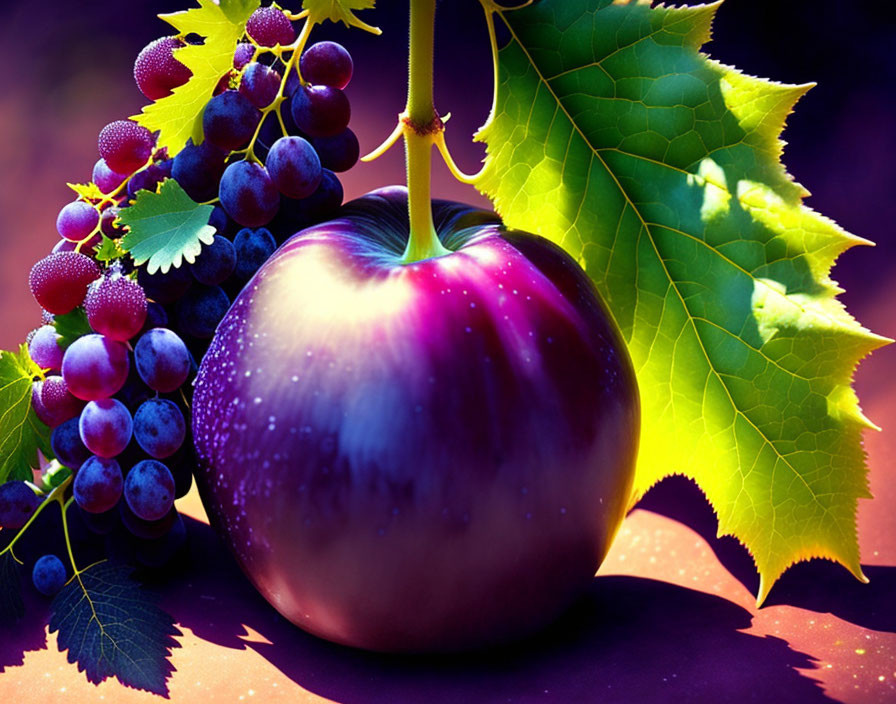 Colorful still life with purple apple, grapes, and leaves on purple background