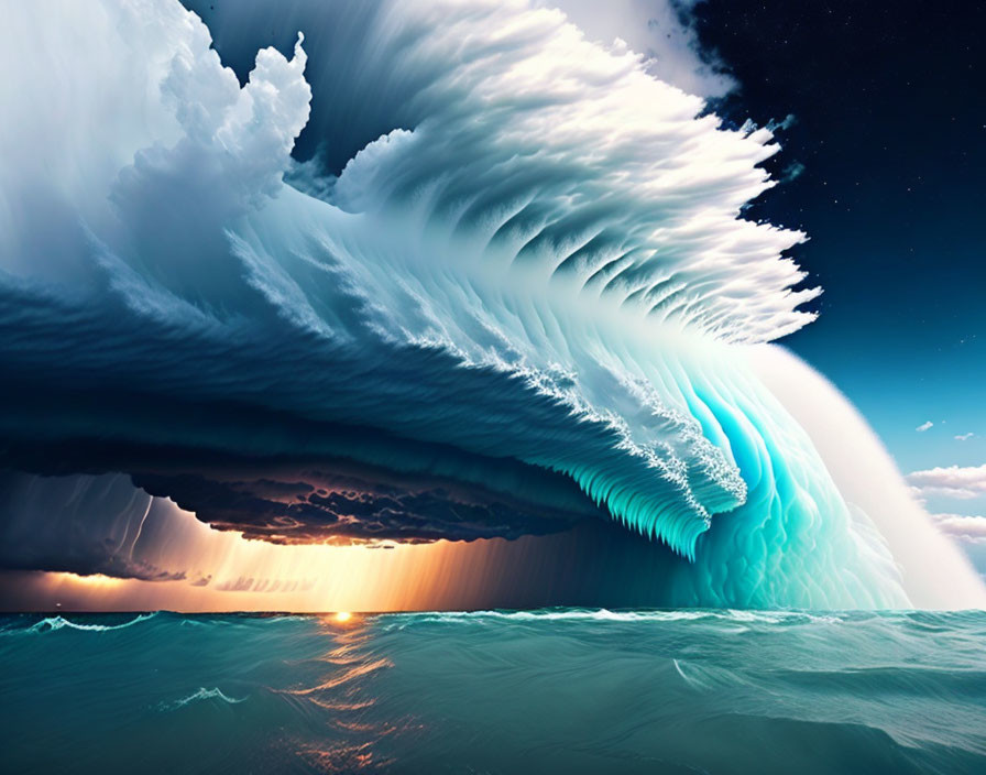 Surreal image: Enormous wave with intricate cloud-like patterns over tranquil sea at sunset