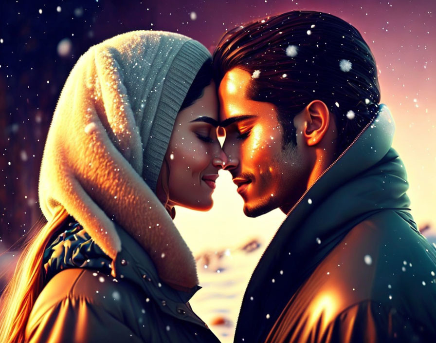 Couple in Winter Attire Sharing a Tender Moment in Snowfall