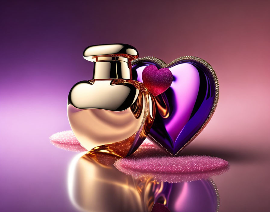 Heart-shaped perfume bottle with golden accents on reflective surface and stylized purple heart