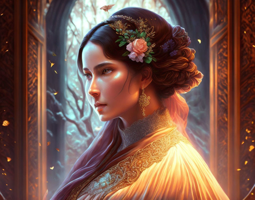 Woman with ornate hairstyle and flowers surrounded by glowing butterflies in mystical forest.