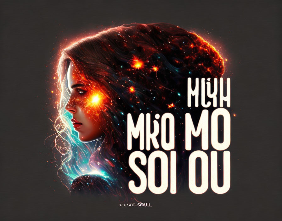 Woman's side profile with cosmic hair and stylized text