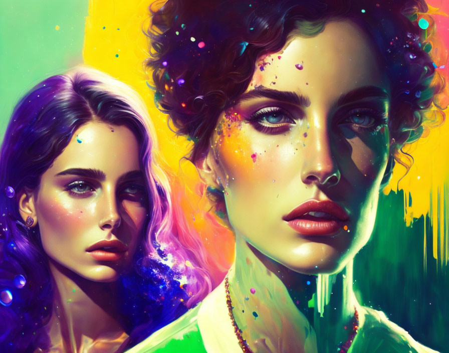 Vibrant portrait of two women with paint splatters and neon lights