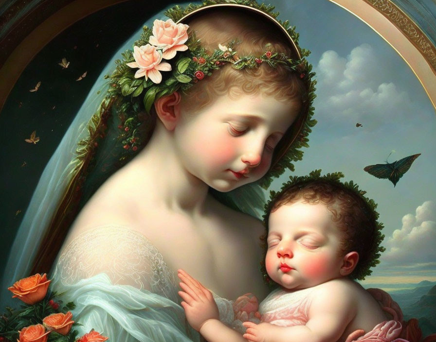 Tranquil painting of woman with infant in floral dress and rose crown surrounded by butterflies