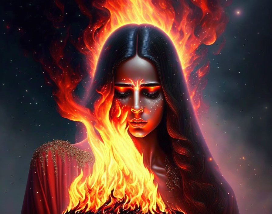 Mystical woman with flaming hair and eyes in cosmic setting