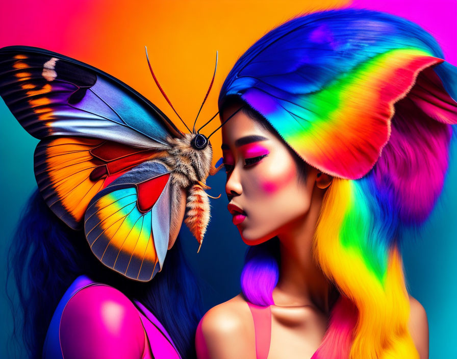 Vibrant Woman with Multicolored Hair and Butterfly on Colorful Background