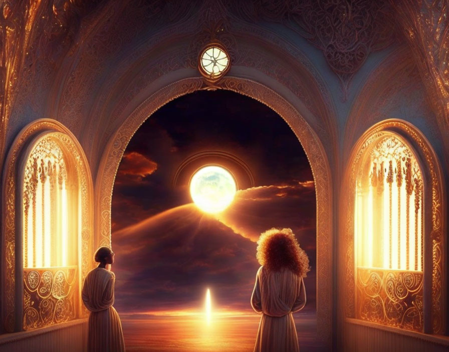 Curly-haired pair in ornate hallway gazing at moonlit sky