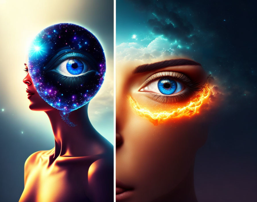 Split profile image of woman with cosmic elements: starry universe on one side, fiery space on the