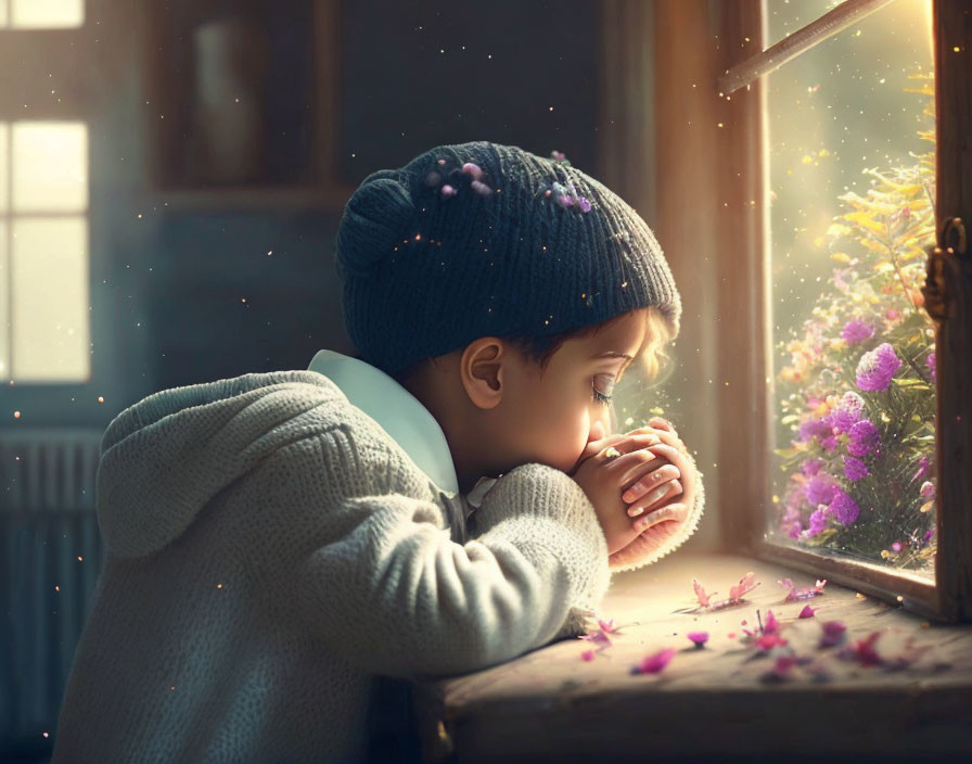 Child in Knit Cap Looking at Snowy Window with Blooming Flowers