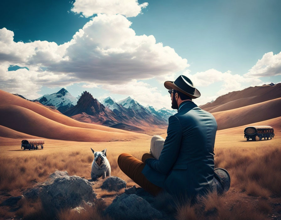 Person in Blue Suit Sitting with Dog on Grass Hill Overlooking Desert Landscape