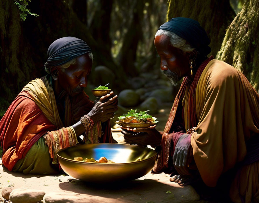 Traditional attire individuals sharing meal in forest setting