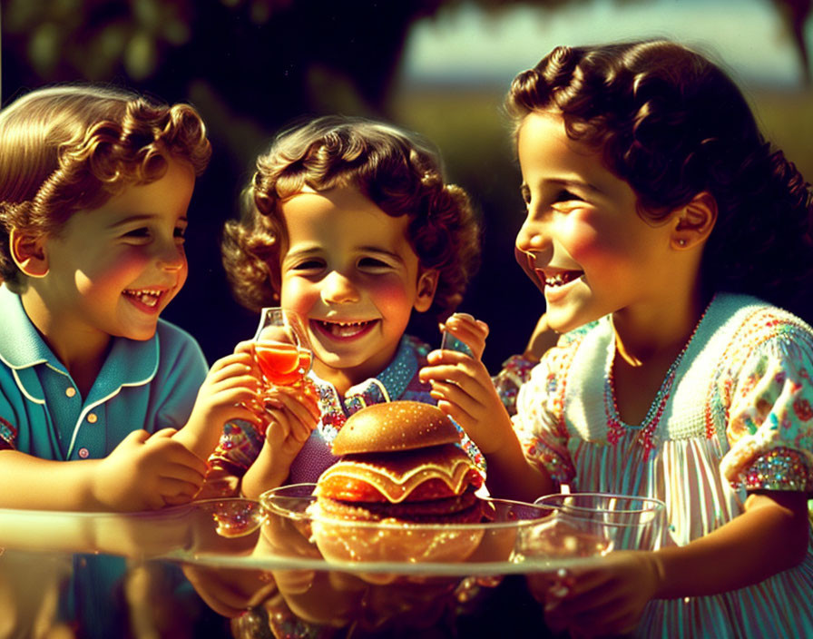 Happy children picnic with sandwiches and juice