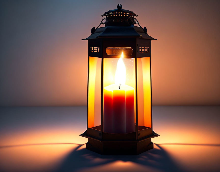 Classic lantern with illuminated candle on gradient background