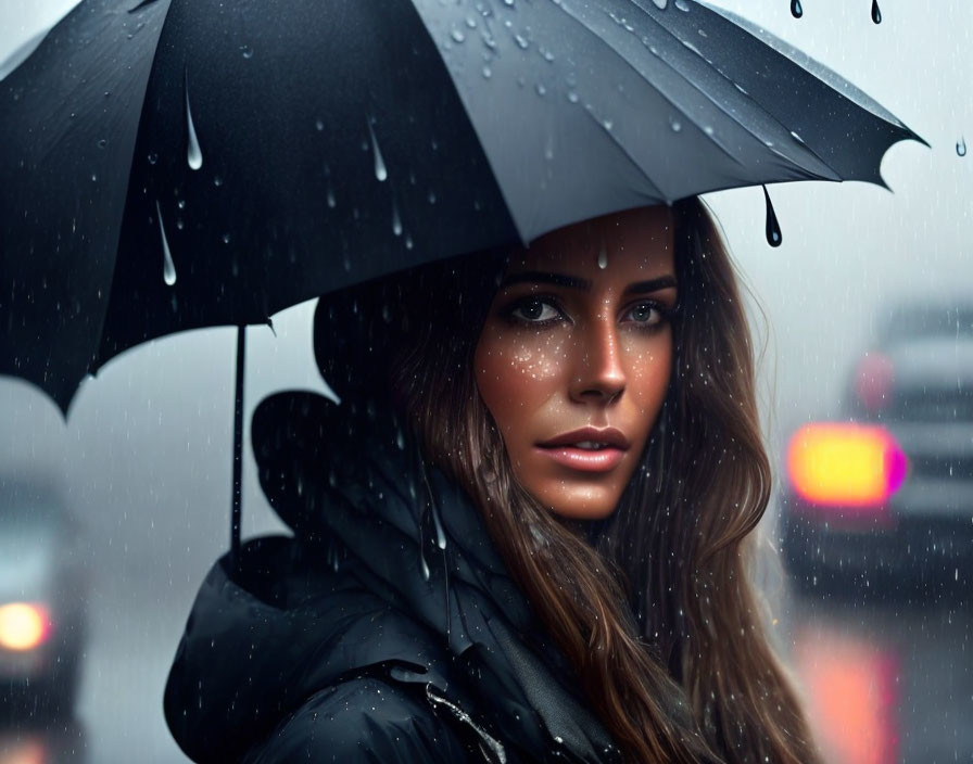 Woman with striking eyes holding black umbrella in rain with city lights background