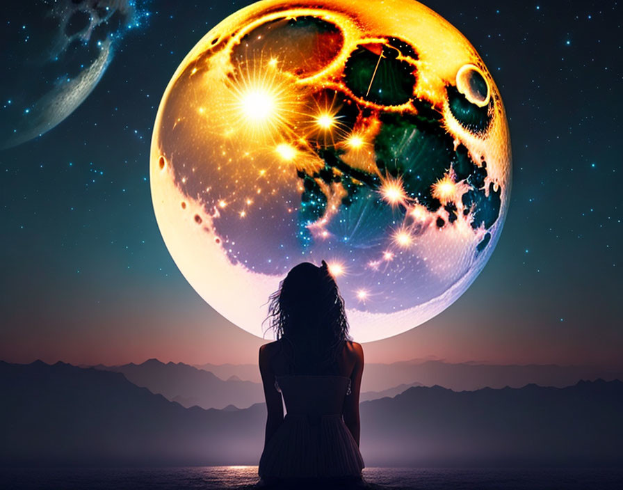 Woman gazing at surreal giant celestial body in starlit sky