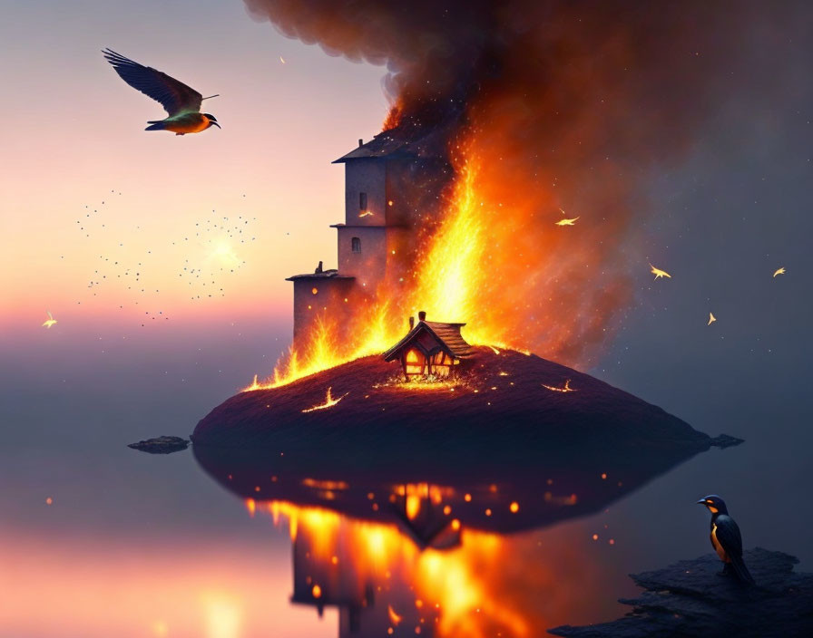 Surreal house fire on island at dusk with birds and reflection