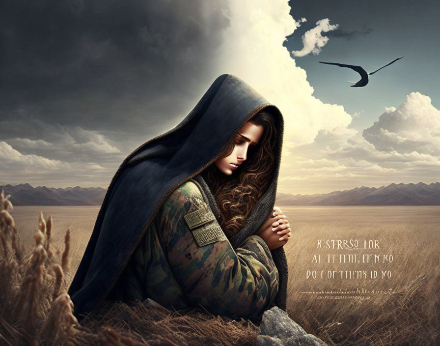 Person with Long Hair Sitting in Hooded Garment in Vast Field with Dramatic Clouds